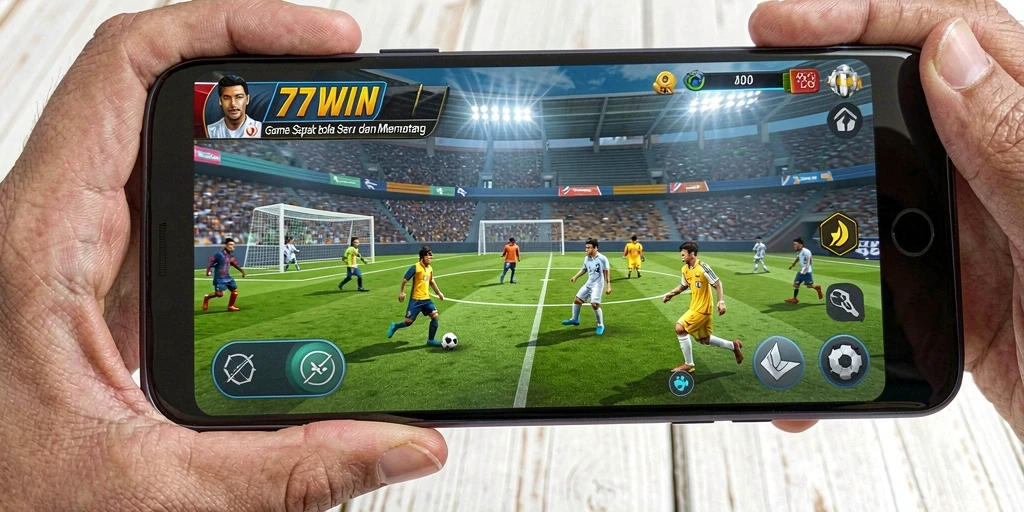 Screenshot utama 77WIN menampilkan aksi seru di lapangan sepak bola.