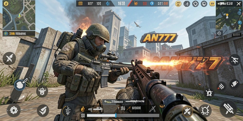 Screenshot gameplay AN777 menunjukkan aksi seru dalam pertempuran FPS.