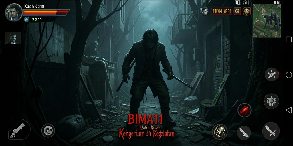 Screenshot utama BIMA11 menampilkan karakter yang ketakutan di dalam ruangan gelap.