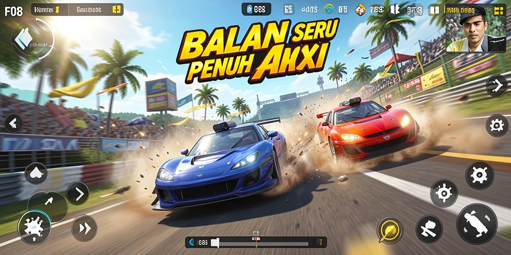 Gameplay F08 yang mendebarkan dengan aksi balapan intens.