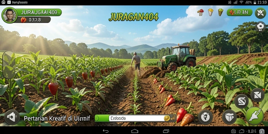 Tampilan gameplay JURAGAN404 dengan pertanian yang indah dan interaktif.