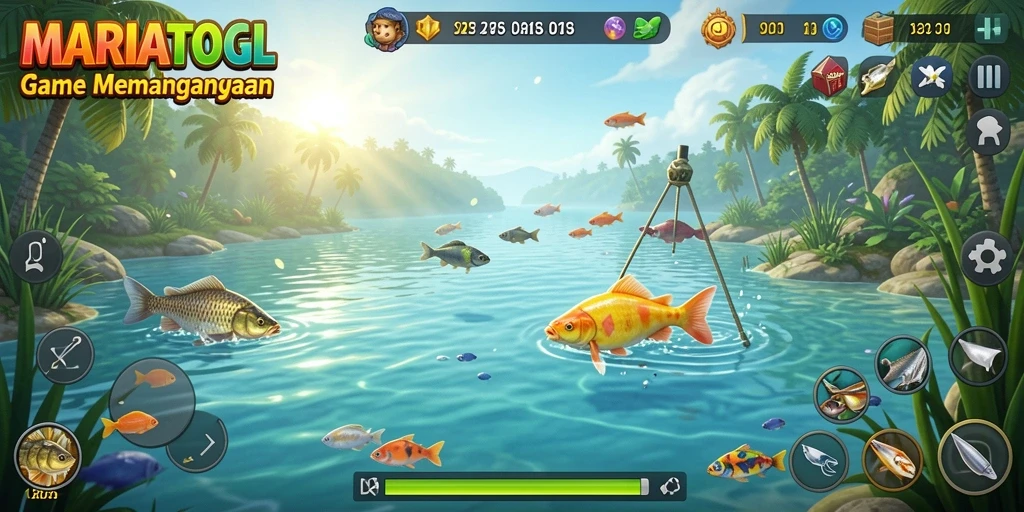 Screenshot gameplay MARIATOGL yang menampilkan aksi memancing yang seru.